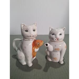 Vintage Cat Creamer Set Fish & Teapot Japan Style Porcelain Pair - Here Kitty!